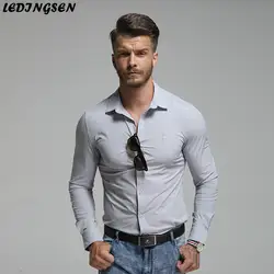 LEDINGSEN для мужчин рубашка бренд 2018 мужской высокое качество рубашки с длинными рукавами Повседневное вышивка Бизнес Slim Fit Мужские рубашки 3XL