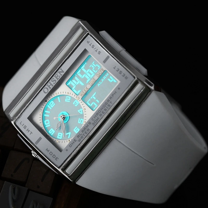 OHSEN модные квадратные электронные светодиодный часы Топ бренд двойной цифровой и аналоговый для мужчин Будильник Спортивные кварцевые наручные часы подарок AD0518