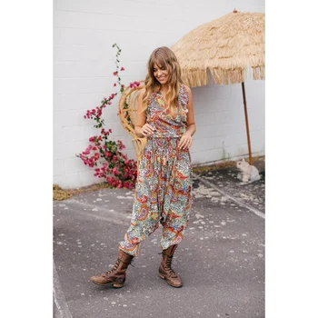 

2018 Fashion Womens Printed Harem Cross pants Wide Leg Loose Print Slim Casual Trousers Bohemian Capris
