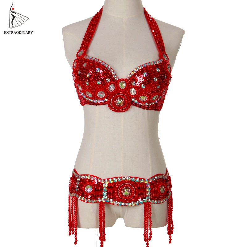 

Oriental Women Stage Bra and Belt Sequined Beaded Adjustable Tassels Clothes Eastern Style Belly Dance Top and Belt 2pcs Set