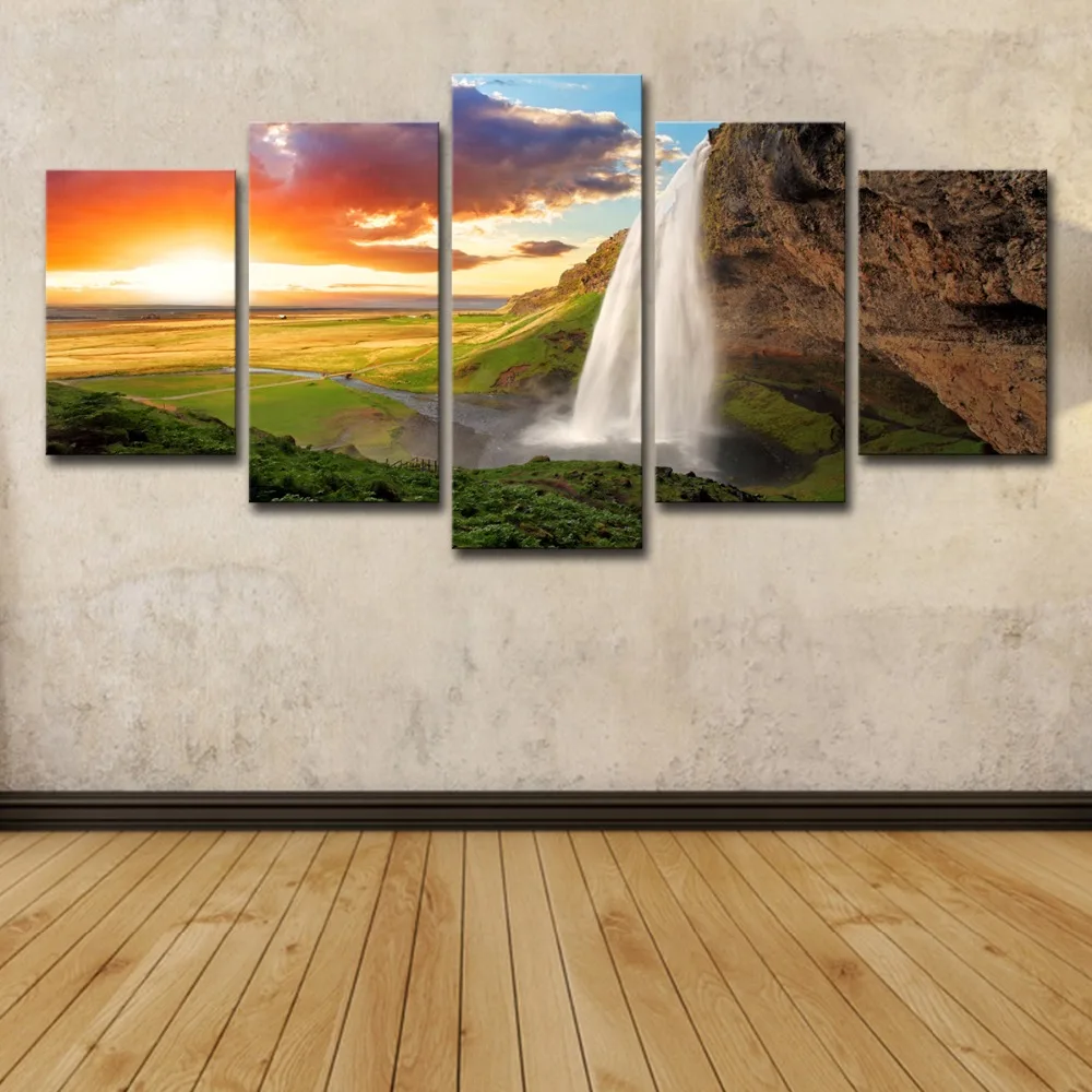 5P2257-HD Print 5 piece Painting Sunset waterFall Group Canvas Print room decor print poster picture canvas Free shipping (4) 