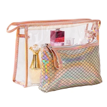 

10SETS / LOT Women Cosmetic Bags Fish Scales Laser Zipper Make Up Bags Portable PVC Pouchs Travel Bag Girl Cosmetic Bag