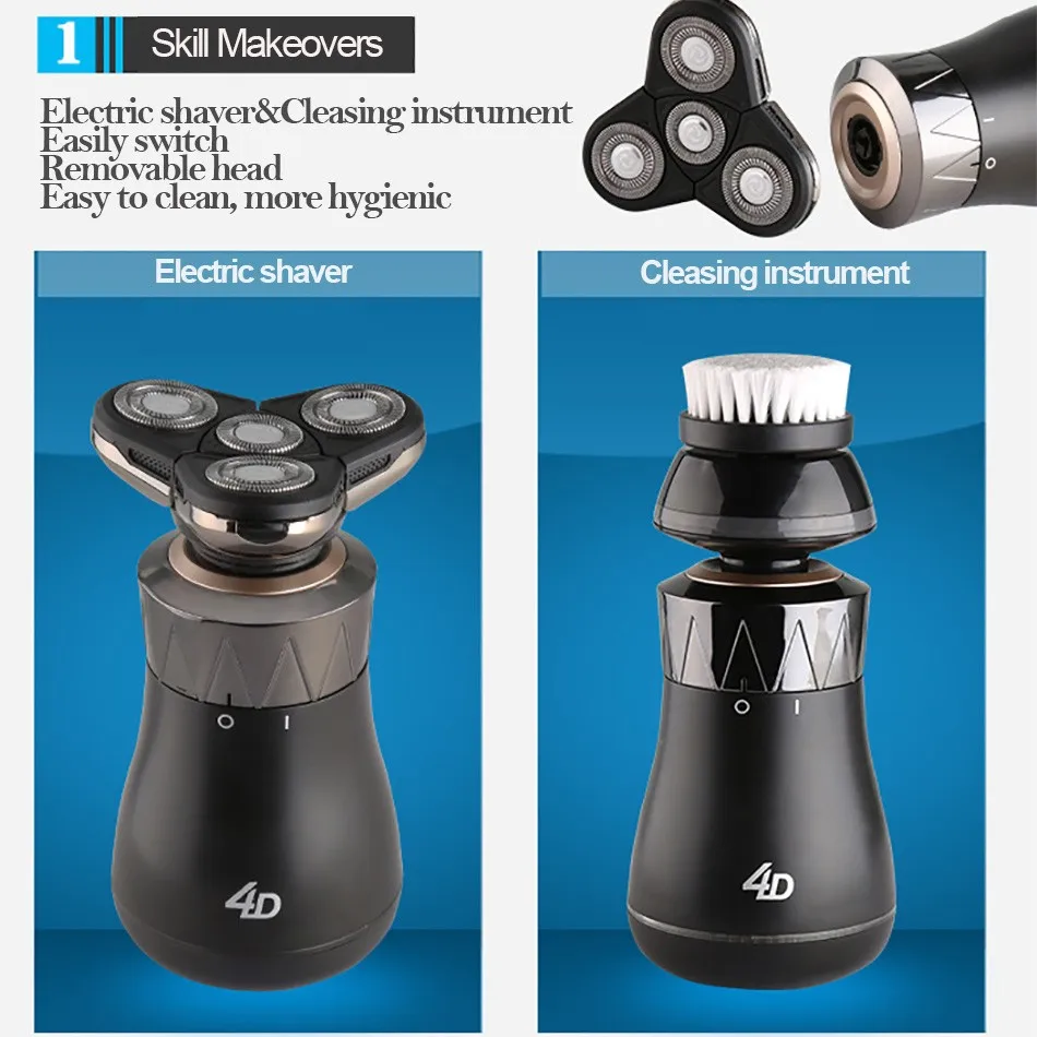 Kemei KM-8863 2 in 1 Washable Rechargeable Electric Shaver 4d Floating Rotary Shaver 4 Electric Shaver Head For Men Face Care