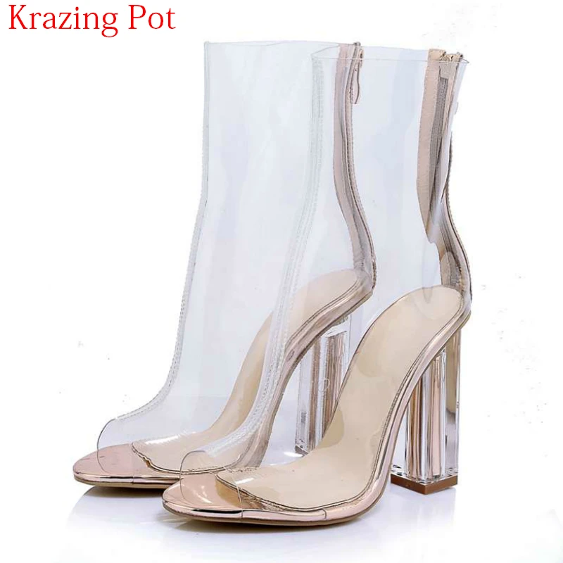 

2018 Fashion Solid Color Transparent Peep Toe Rome Zipper Summer Boots High Heels Superstar Party Mid-calf Sexy Women Boots L0f1