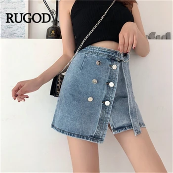 

RUGOD Denim Skirt faldas mujer moda 2019 юбка джинсовая Solid Mini Sashes Women Fashion Female skirt