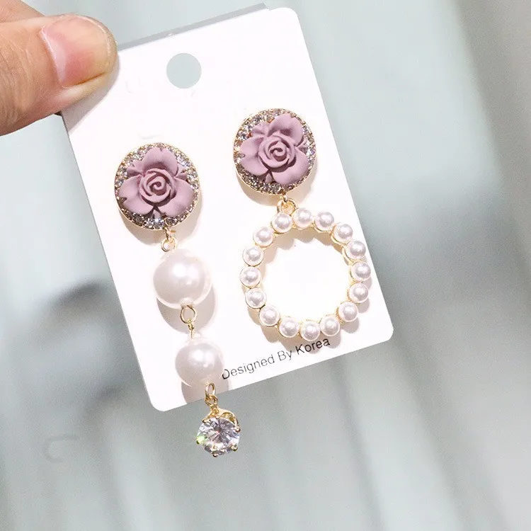 

Korea Flower Drop Earrings for Women 2019 Fashion Crystal Simulated Pearl Asymmetry Earring Jewelry Female Pendientes Brincos