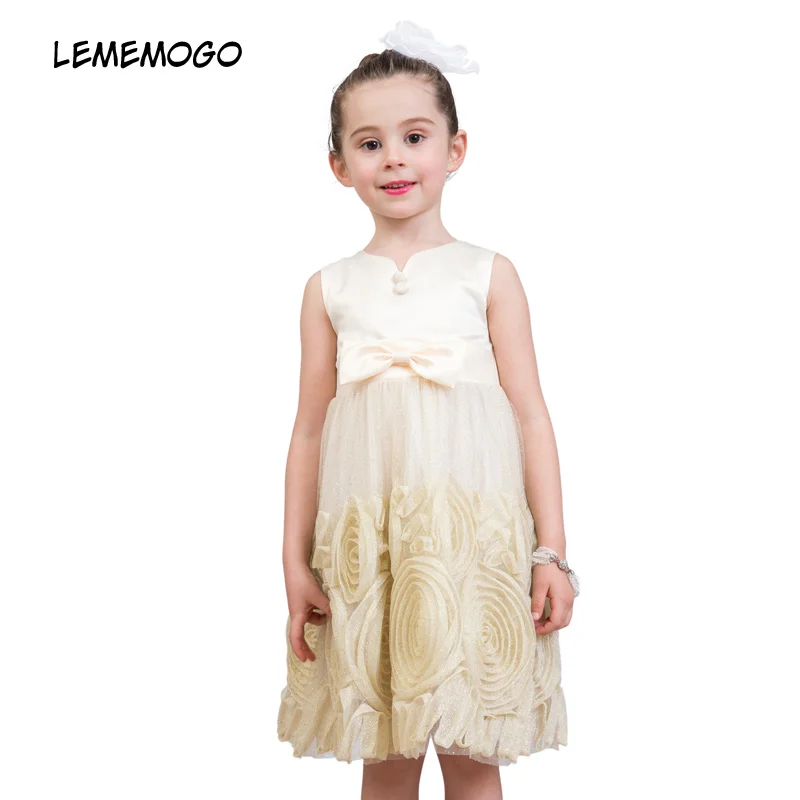 

LEMEMOGO 2018 Children Floral Wedding Dresses Girls Summer Kids Bow V-Neck Lace Clothes Princess Evening party Dress for Girls