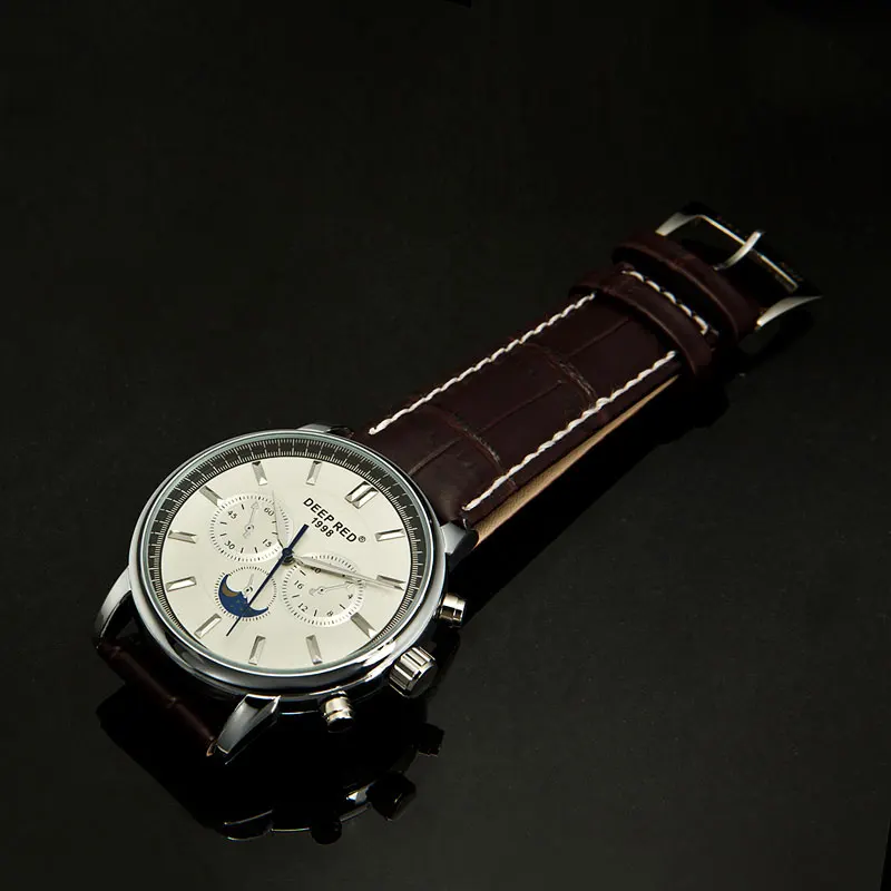 DEEPRED классические мужские нарядные часы с фазой Луны, кварцевые наручные часы с кожаным ремешком, мужские часы