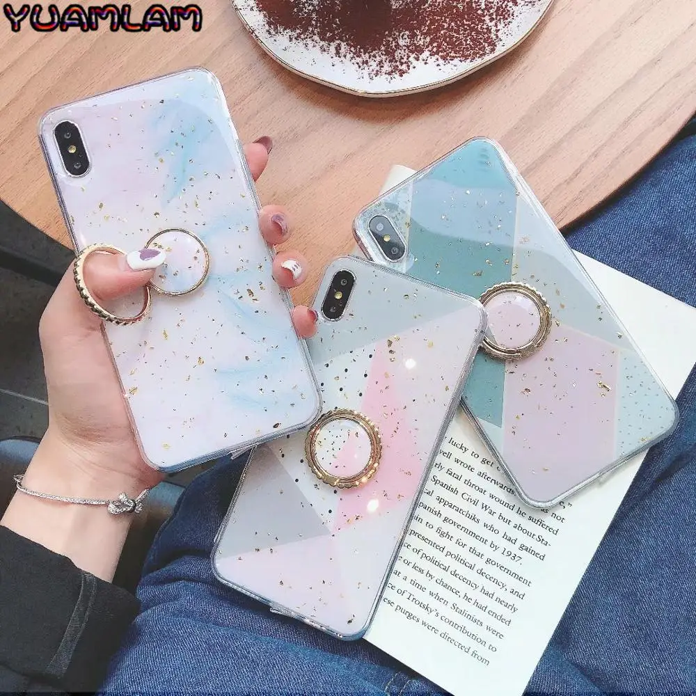 

Luxury Gold Powder Splicing Marble Cases For iPhone XS Max XR X 6 6S 7 8 Plus Shockproof Soft Epoxy Phone Back Cover with finger