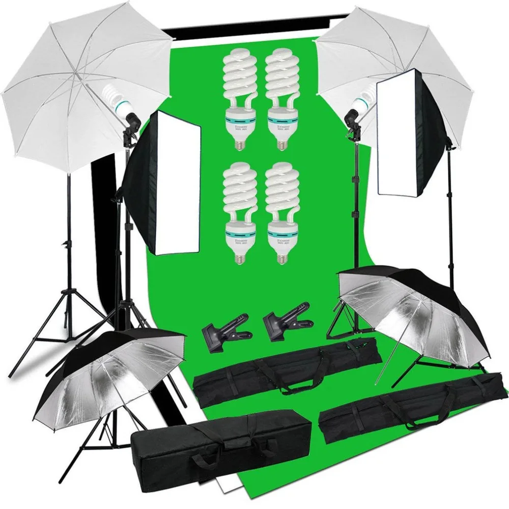 

Photography Lighting Kit Background Photography Studio Set Soft Umbrella+ Backdrop Stand+Light Bulbs+Soft Box+Carry Bag