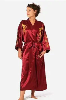 Burgundy Chinese Women's Traditional Silk Satin Robe Embroidery Dragon Kimono Yukata Bath Gown Oversize S M L XL XXL XXXL A135