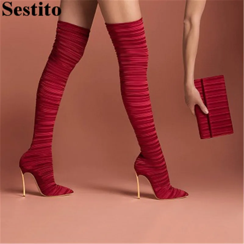 

Fashion Black Red Pleated Winter Woman Boots Pointed Toe Thin Heels Over-the-Knee Boots For Women Slip-on Casual Women's Shoes