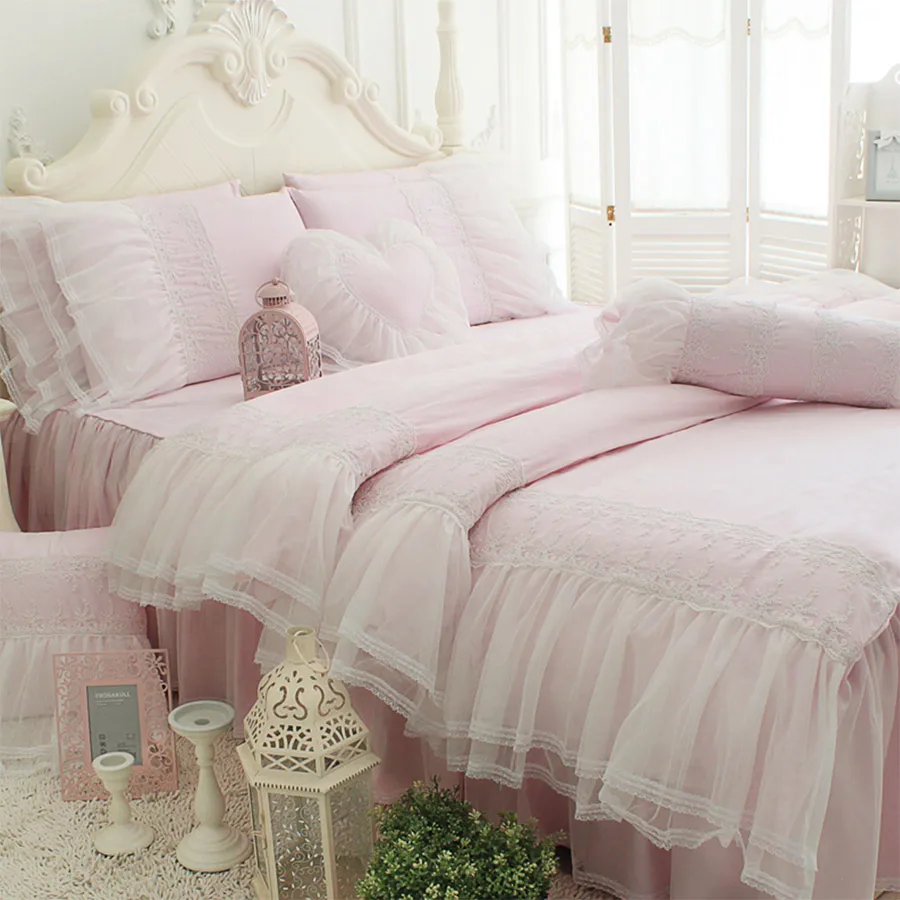 Princess ruffles lace cotton bedding sets,girl twin full queen king
