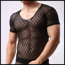 Мужские майки с v-образным вырезом/мужские забавные сетчатые ажурные Прозрачные топы/сексуальные клетчатые прозрачные футболки