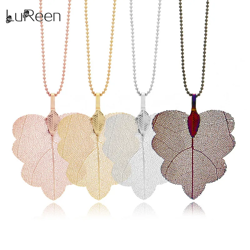 

LuReen Natural Real Leaf Pendant Necklace For Women 60cm Gold Long Chain Necklace 4 Colors Femme 2018 Jewelry Party Gift LN5005