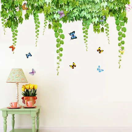 

Green Leaves Creeper Butterfly Wall Hanging Mural Poster Art Self-adhesive Wall Stickers Background Wall Decals Home Decor