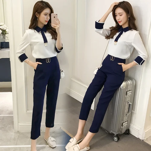 

Korean Lady Fashion Chic 2 Piece Set Women Brief Pocket Patchwork Two Piece Set Elegant Peter Pan Collar Twinset