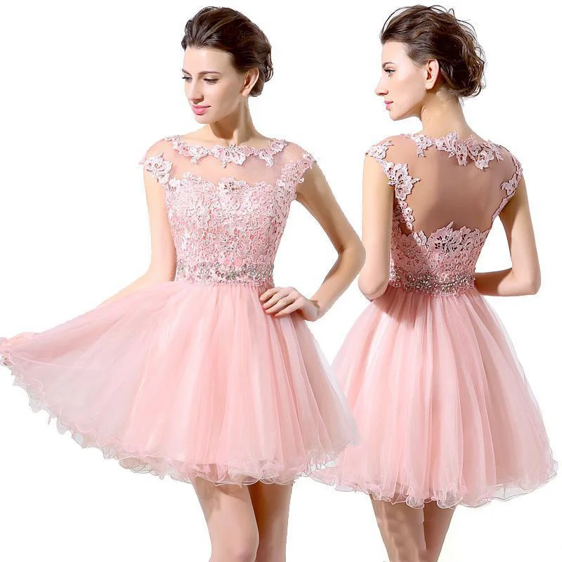

2019 Junior Grade Party Dresses Cute Pink Short Prom Dresses Cheap A-Line Tulle Lace Beads Cap Sleeves Bateau Homecomin