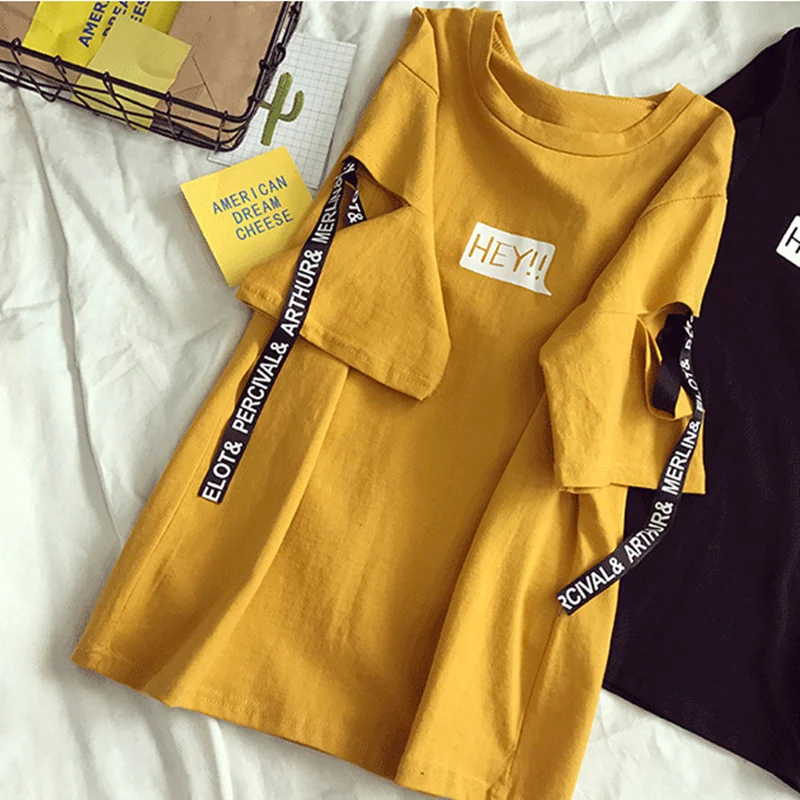 

2019 Ins Summer Korean Harajuku Style Hey Alphabet Women T Shirt Personality Hole Ribbon Half Sleeve Student Tops Fashion Tees