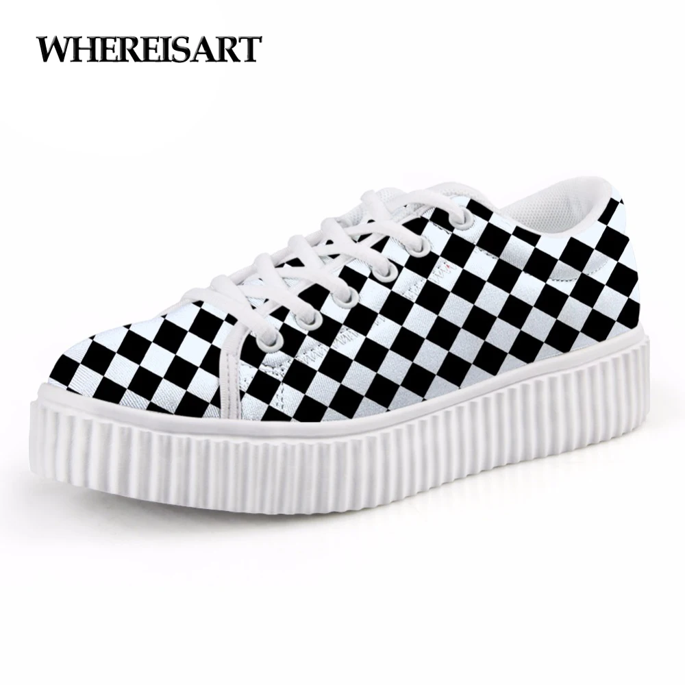 

WHEREISART Fashion Black and White Checkered Pattern Women Flat Platform Shoes Female Creepers Flats Lace-up Shoes for Students