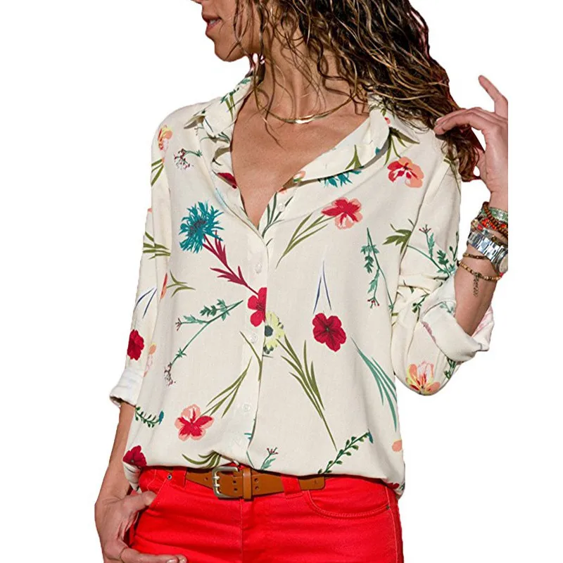 New Women Summer Blouses Vintage Floral Blouse Long Sleeve Shirt Woman Camisas Femininas Female Tops Blue Fashion Chiffon Shirts