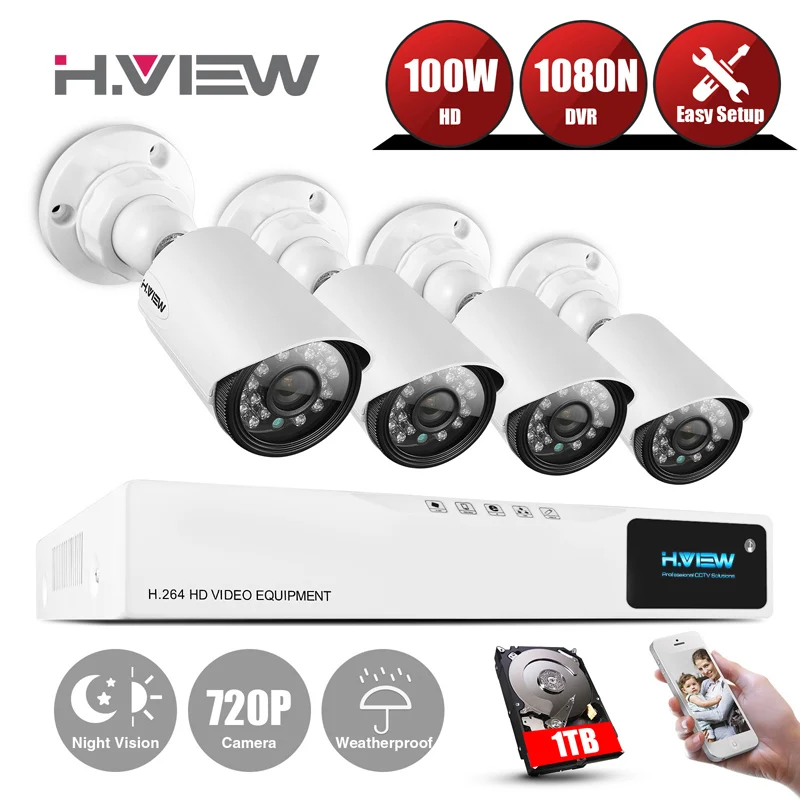 H. View 720P камера видеонаблюдения системы безопасности 1 ТБ HDD CCTV камера система видеонаблюдения 8CH DVR 4 720P камера безопасности легкий доступ к смартфону