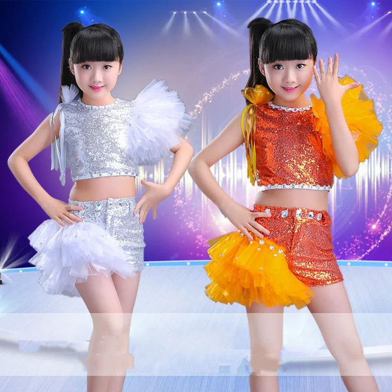 

White Golden Sequin Jazz Dance Costumes For Girls Hip Hop Kids Modern Dance Performance Dance Girl Stage Danceweare