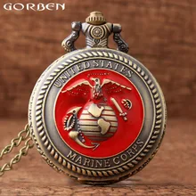 Винтаж бронзовый корпус морской пехоты США кварцевые карманные часы Цепочки и ожерелья цепь Подвески часы для Для женщин Для Мужчин Армия болельщиков подарок
