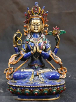 

S07188 Chinese Old Tibet Buddhist bronze 4 Arm GuanYin Kwan-Yin painting Buddha statue