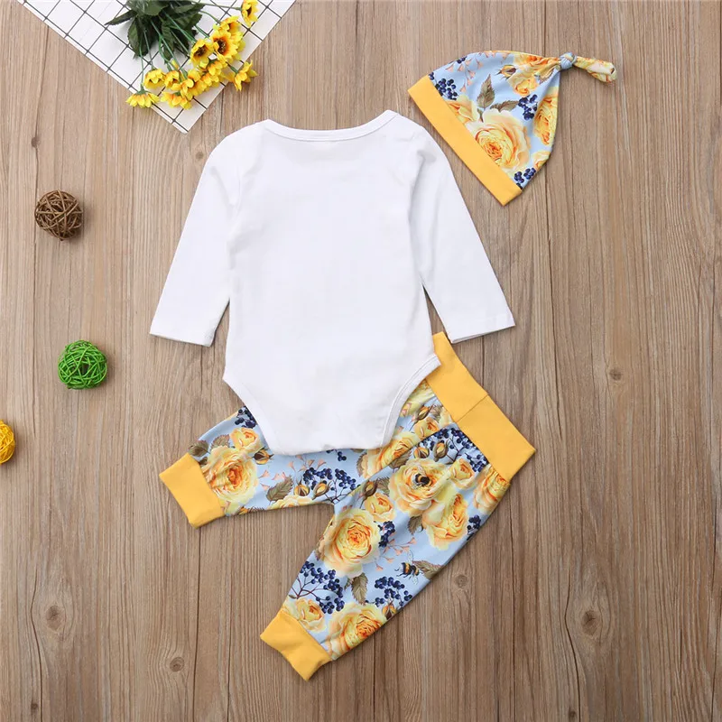 Emmababy/комплекты из трех предметов для маленьких девочек, хлопковый комплект с цветочным принтом и буквенным принтом, поступление, удобные топы с длинными рукавами, штаны, шляпа