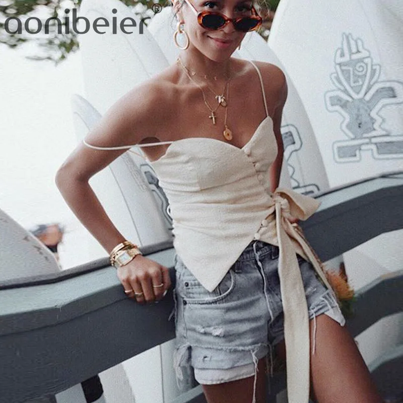 

Aonibeier Spaghetti Straps V Neck Sleeveless Backless Single Row Buckle Bow Fashion Summer Women Street Beach Casual Cami Tops