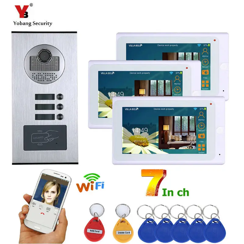 Yobang безопасности 3 единицы квартиры 7 дюймов монитор Wifi беспроводной видео телефон двери дверной звонок Домофон RFID камера комплект видео запись - Цвет: 705WHID3