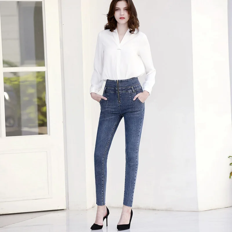 

Women's summer new high-rise jeans Europe and the United States fashion slim pencil pants button, zipper, white trousers