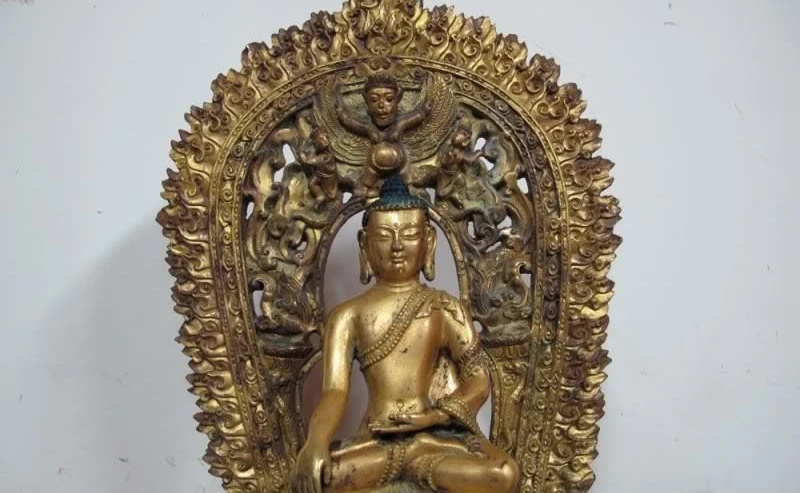100% фиолетовый Бронза Медь 24 К Золото Свинка Тибет Буддизм Будда Шакьямуни Статуя