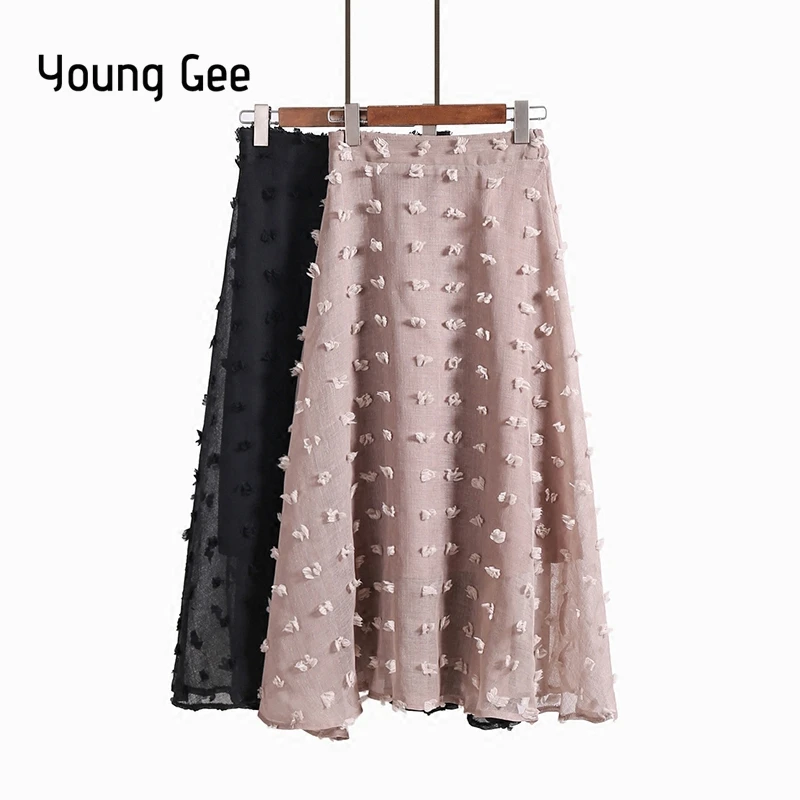 Young Gee Тюлевая юбка для женщин Летняя Повседневная Длинная юбка с высокой талией эластичная талия Милая льняная юбка-пачка Jupe Longue Femme