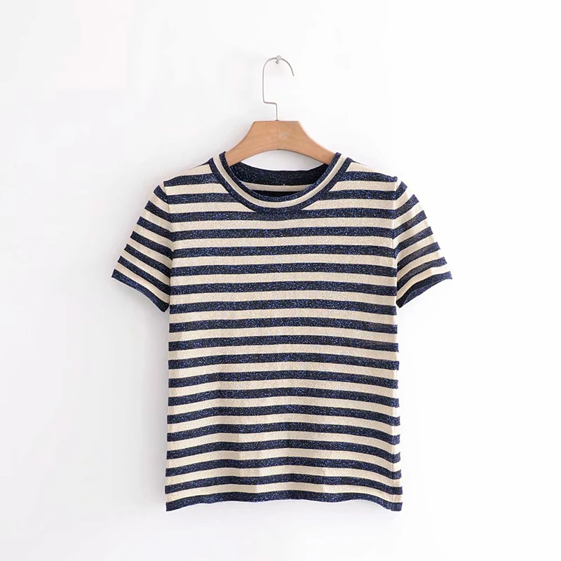 

2019 Fashion Women Black White Striped Knitted Tshirts Female Shining Silk Short Sleeve Spring Summer Women Shirt camiseta mujer