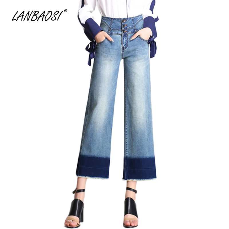 LANBAOSI Cropped Wide Leg Jeans for Women Palazzo Jean High Waist Ladies Flare Blue Denim Pants Female Casual Trousers Mom Jeans