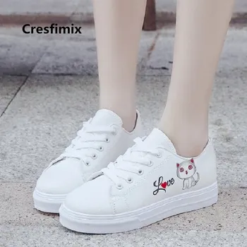 

Women Cute Cat Printed White Canvas Shoes Lady Cool Street Black Shoes Female Sweet Autumn Lace Up Shoes Zapatos De Mujer E2872