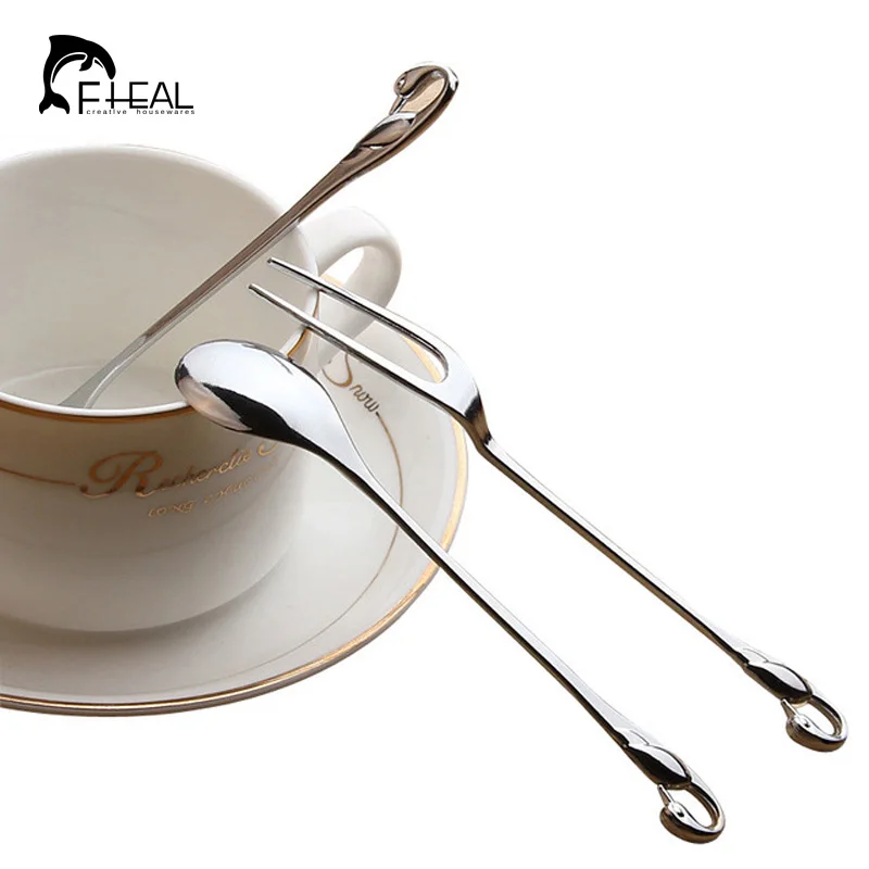 FHEAL Creative Kitchen Dining Bar Swan Dinnerware Spoons Forks Alloy Silver Coffee Spoon Two