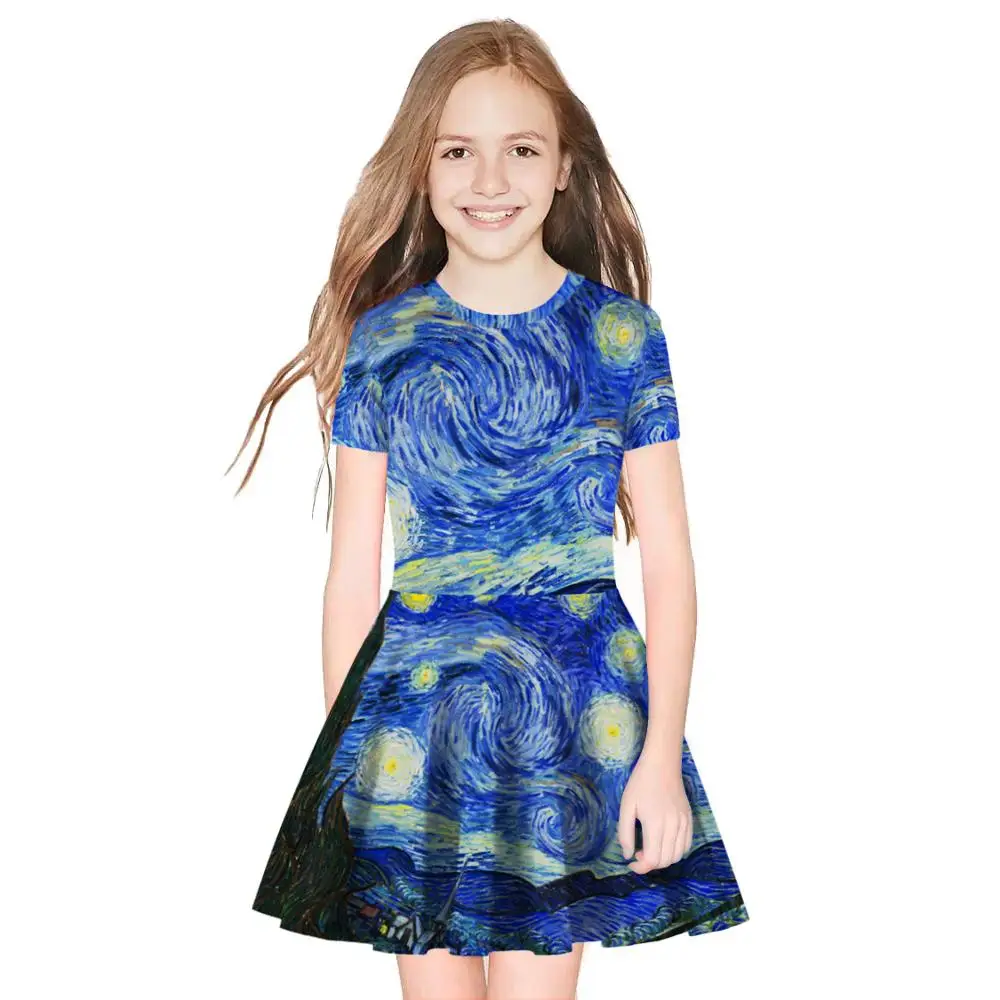 

Girl Slim Cute Pleated Dress 2019 Spring Summer Girls Moon Digital Cartoon Print Short-Sleeved Dress For 8-11T