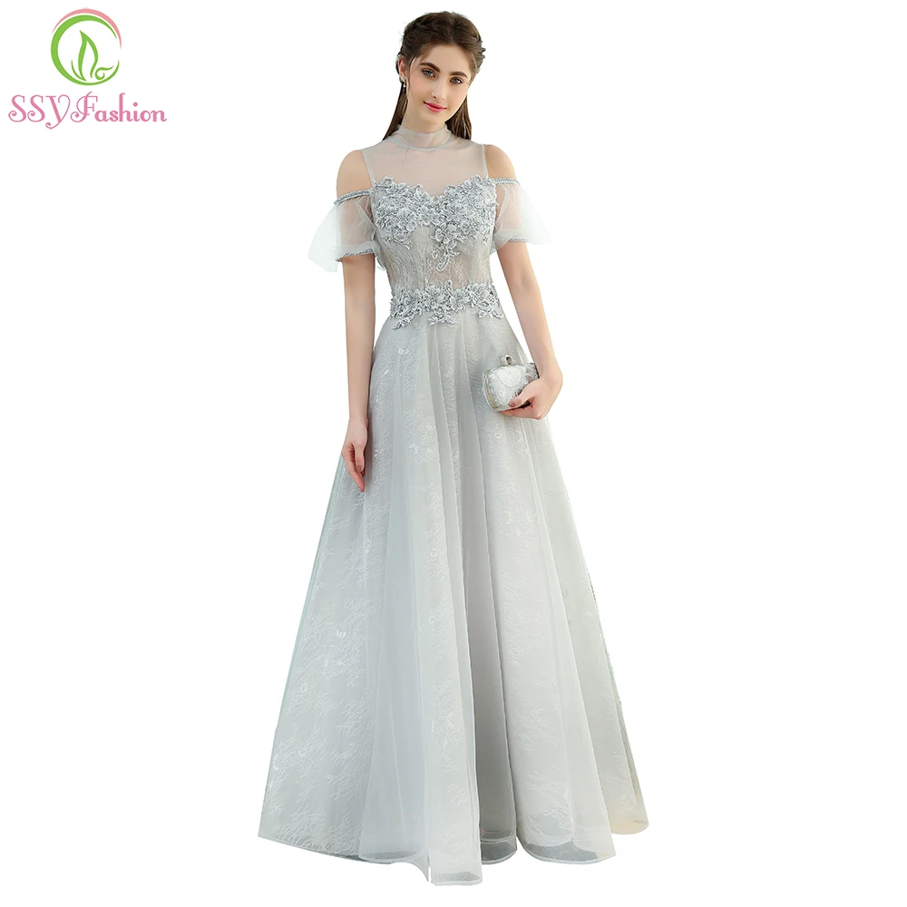

SSYFashion New The Banquet Elegant Grey Lace Evening Dress High-neck Floor-length Beading Prom Formal Party Gown Custom