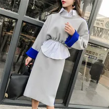 Casual Fashion Women Clothing Sets of Faux Two Piece Blouse and Slit Bud Skirt Set