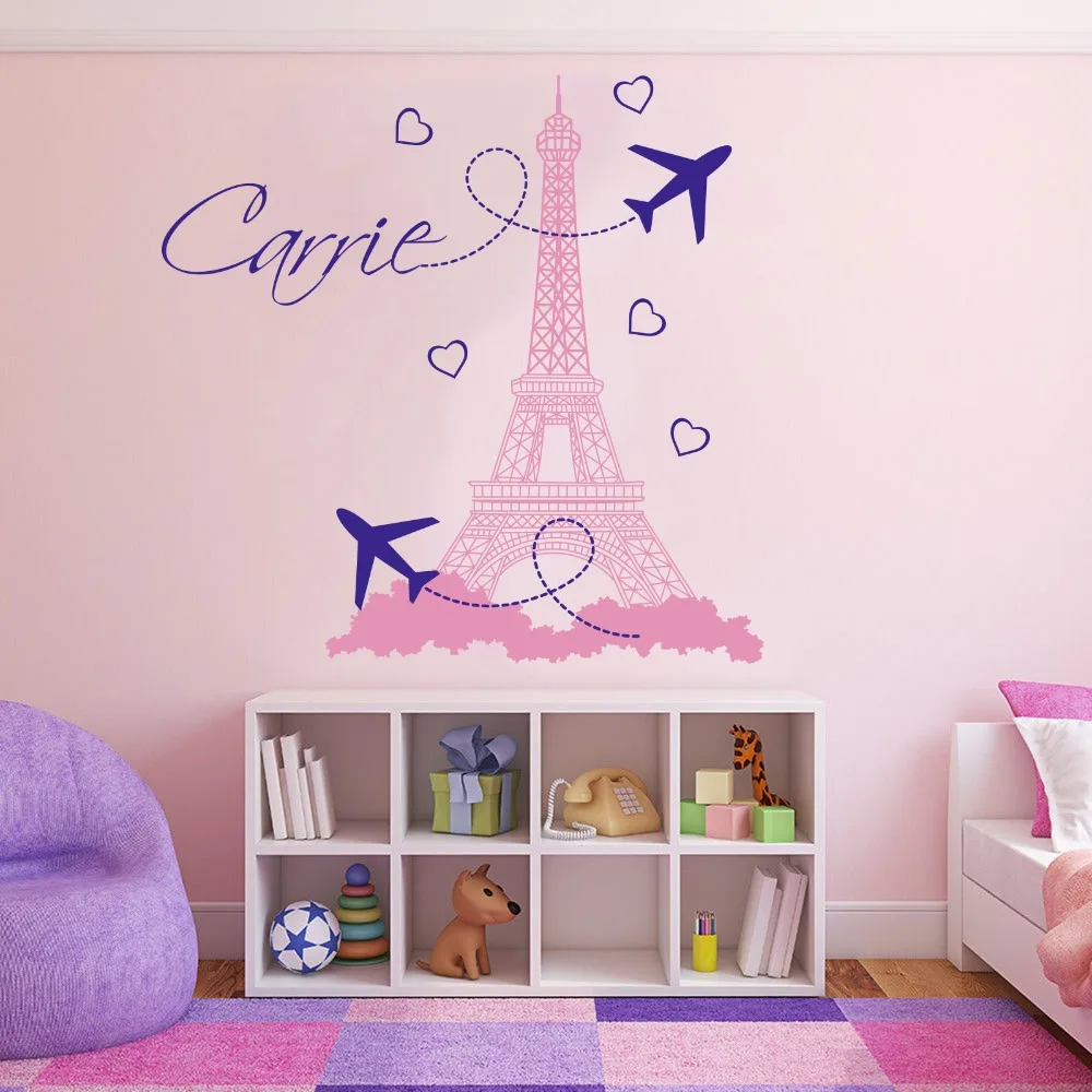 Large Custom Name French Eiffel Tower Wall Sticker Girl Room kids Room Personalized Name Pairs Eiffel Tower Wall Decal Bedroom  (3)