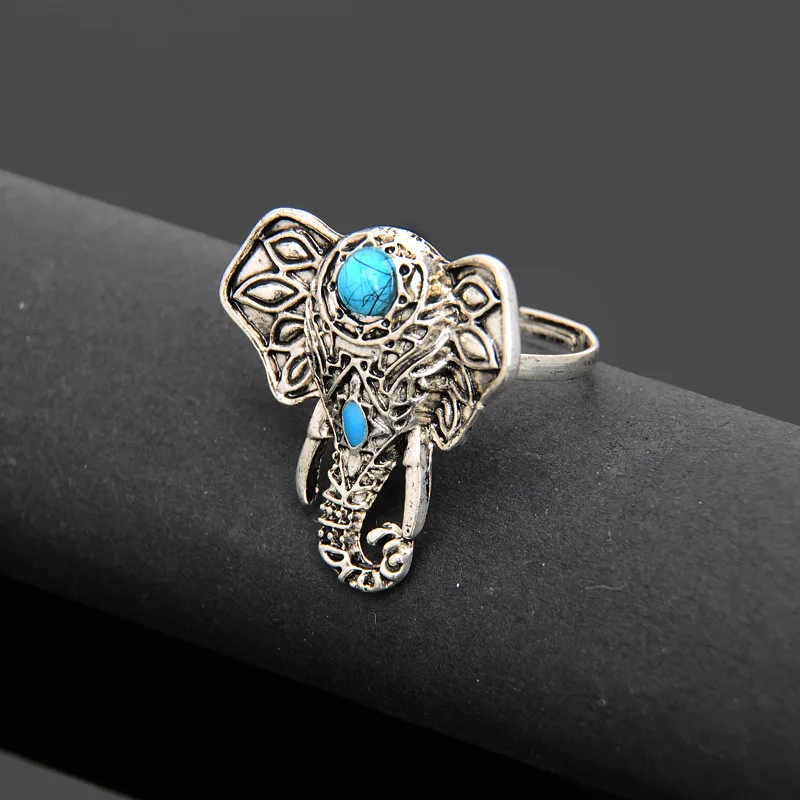 2017 New Antique Silver Color Ring Blue Enamel Blue Stone Elephant Finger Rings Anillos Mujer Jewelry Gift