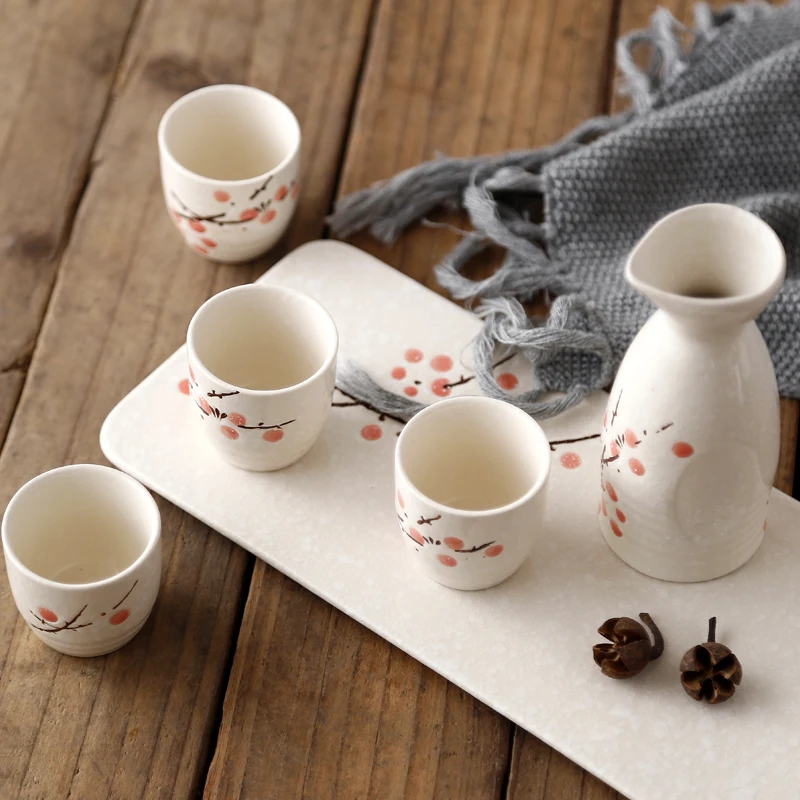 

Ceramic Sake Pot Cups set, Japanese style, Flower pattern, Sake Wine cup flagon, Decanter Wine separator cooler cellar CTP19011