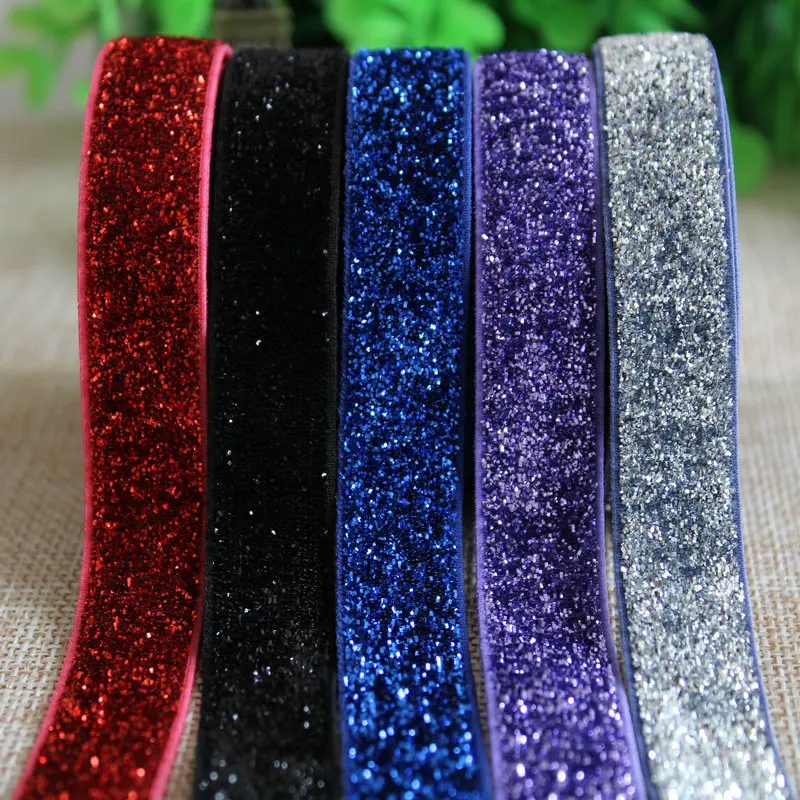 Free shipping 16mm 8 colors elastic glitter velvet ribbon glitter ...