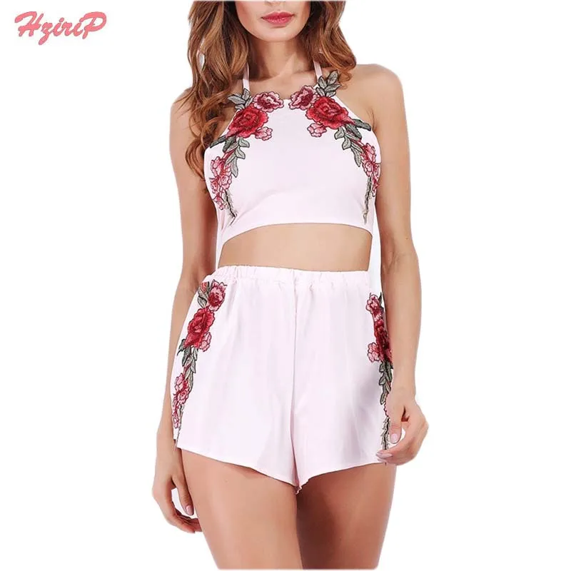HziriP Women 2 Piece Set Ladies Shorts Set Flower Embroidered Crops