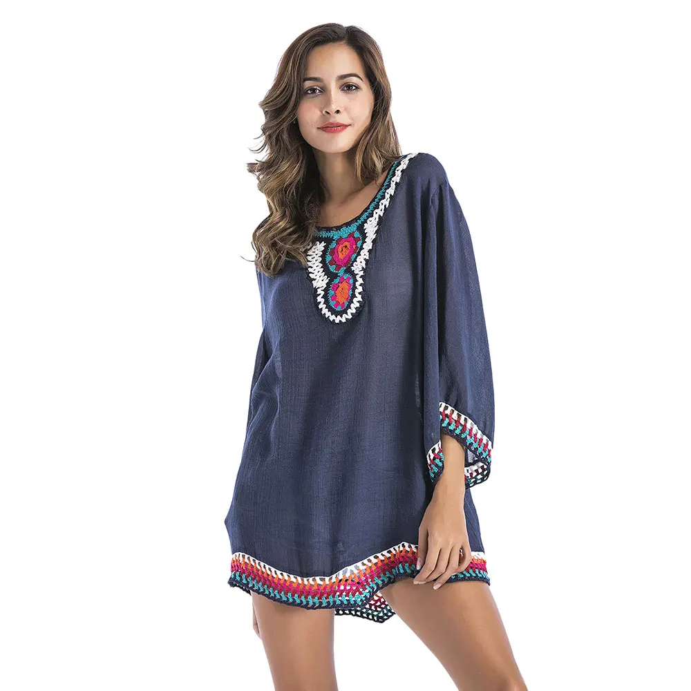 Women Femme Feminina Tee Shirt 2018 Summer Women Bohemian T-shirt Embroidery Bead Long Sleeve Casual Loose Top Long Boho T Shirt Tops