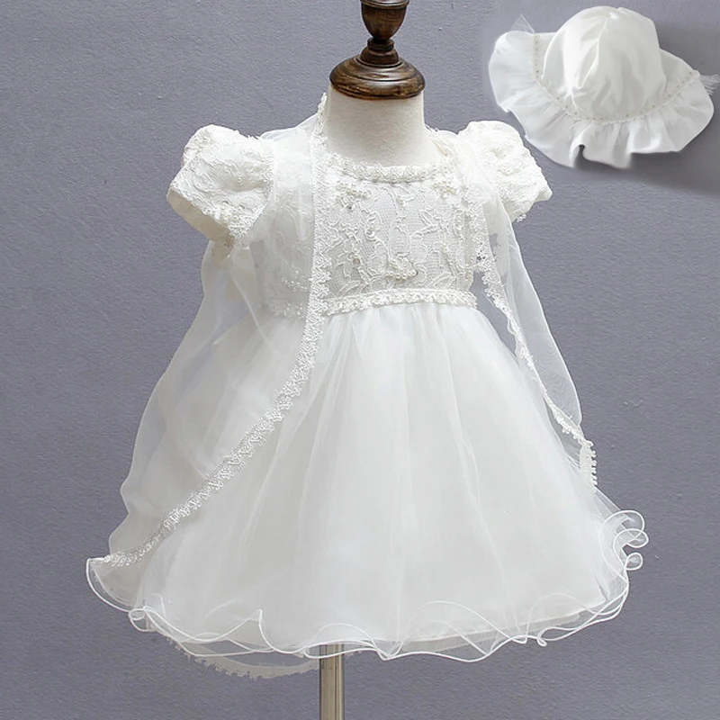 

Infant 1 Year Birthday Party Dress Newborn Baptism Christening Gowns Baby Girl Dress With Shwal + Hat for Girls High Quality