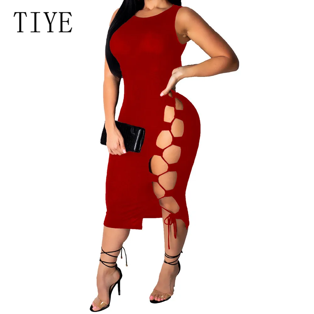 

TIYE High Elastic Summer Hole Dress Elegant Sleeveless Hollow Out Bodycon Bandage Dress Women Celebrity Party Club Vestidos